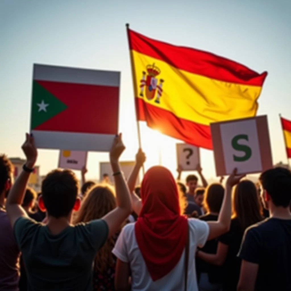 Una folla tiene cartelli per l'indipendenza sahrawi vicino a una spagnola