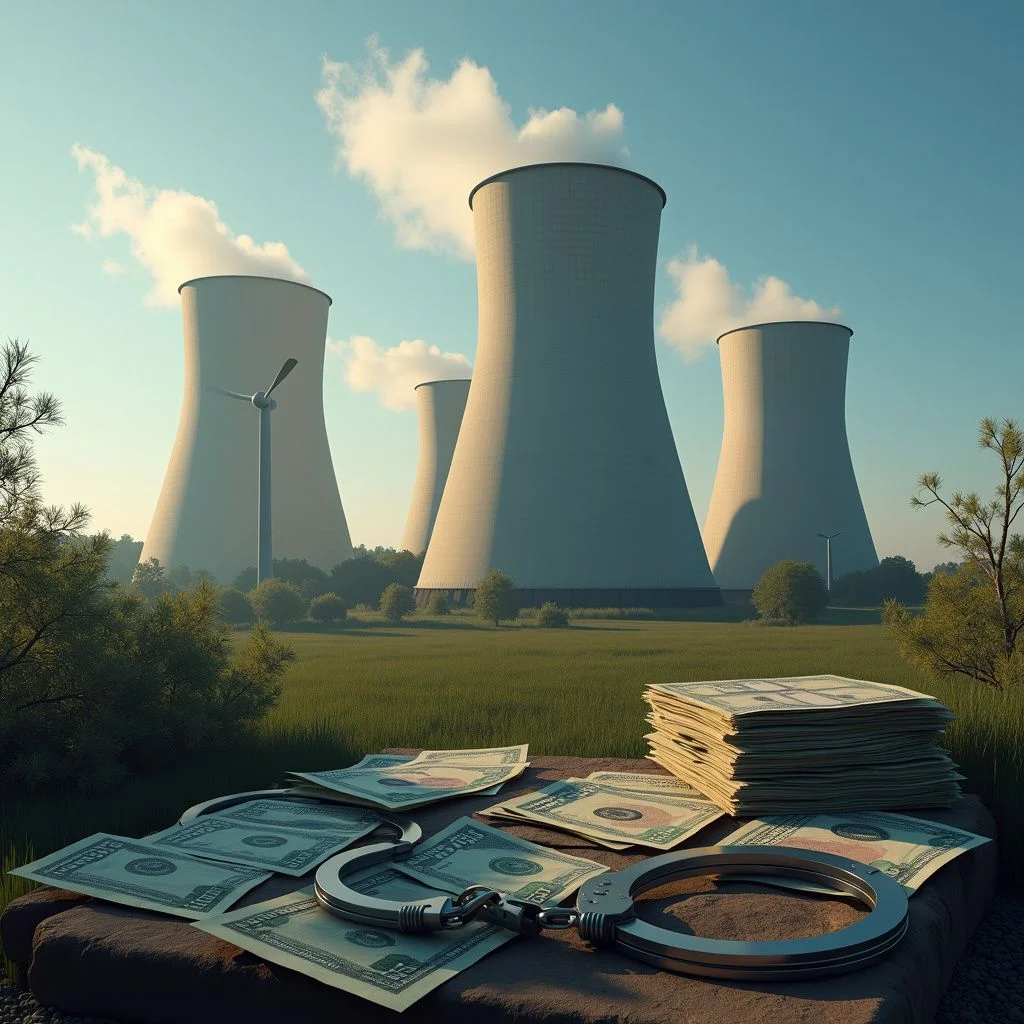 Une centrale nucléaire entourée de piles de billets.