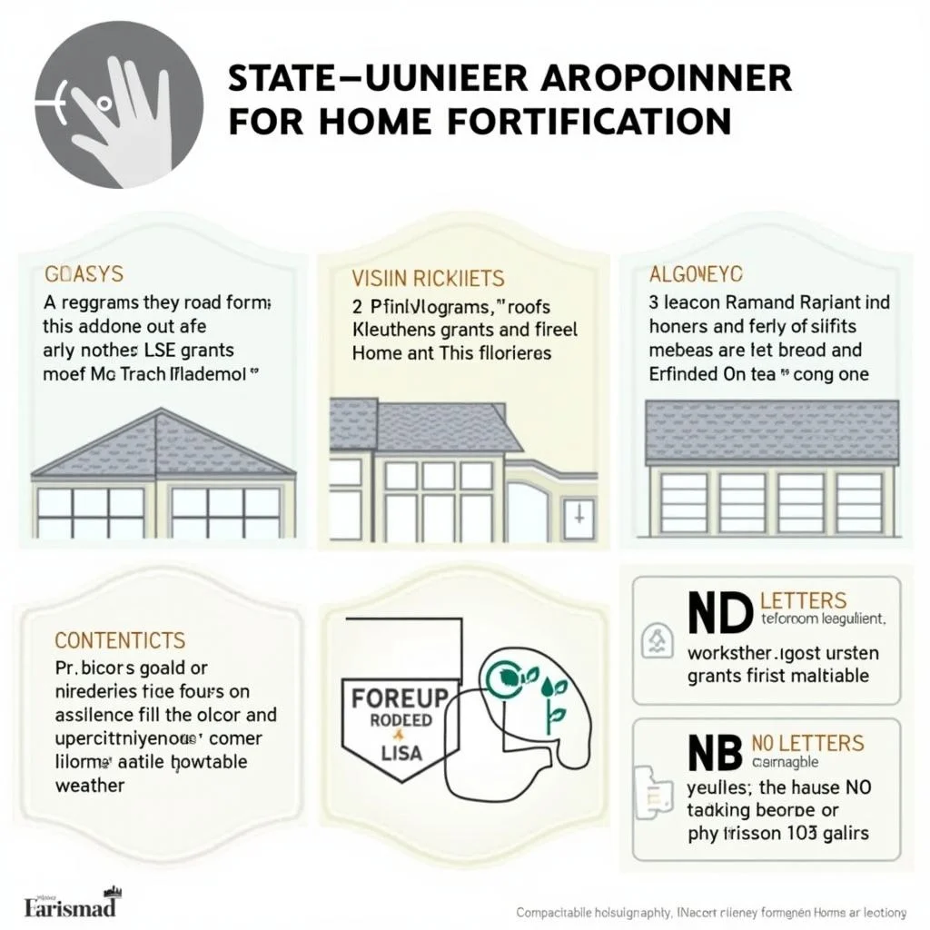Maisons avec toits renforcés et logos de programme de fortification subventionné par l'État.