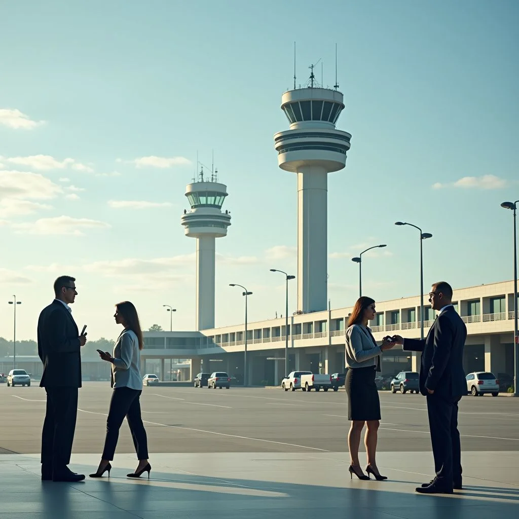 Ciudadanos preocupados se reúnen cerca de las torres de control de tráfico aéreo en medio del público.