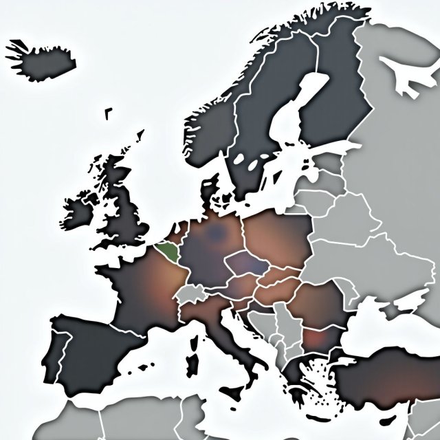 Un mapa de Europa con símbolos financieros y diplomáticos.