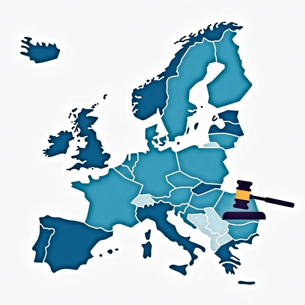 Un mapa de Europa con documentos legales interconectados e iconos.