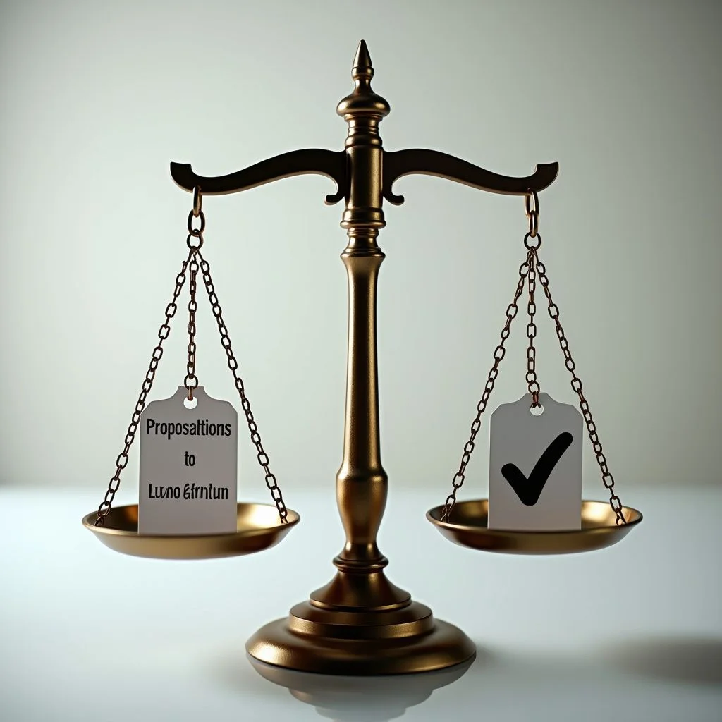Una balanza de justicia equilibra el poder de veto y las reformas propuestas.