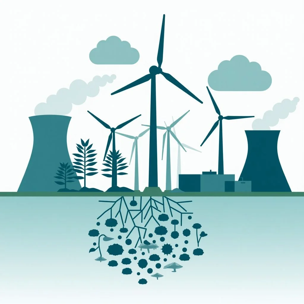 Symboles des sources d'énergie renouvelable et nucléaire avec diagramme d'interconnexion.