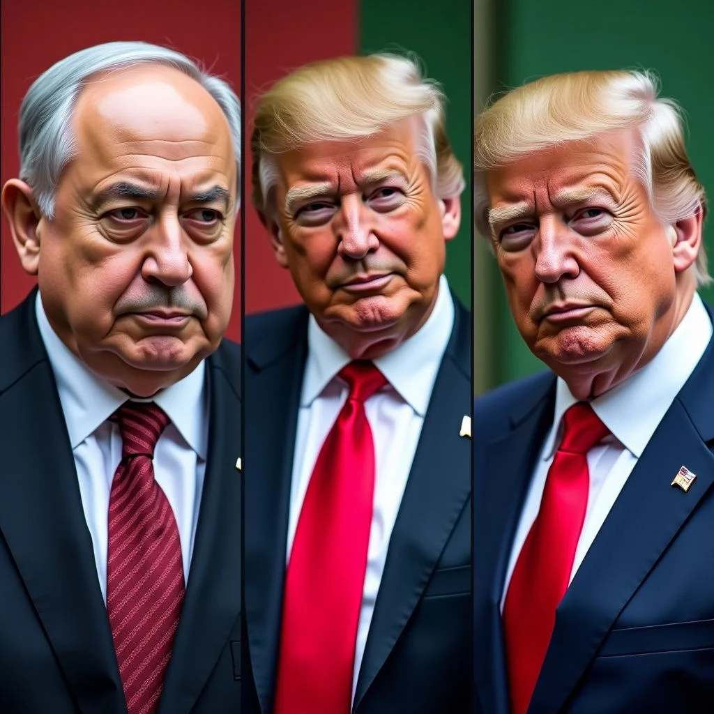 Retratos de líderes de Hamas, Netanyahu y Trump expuestos juntos.