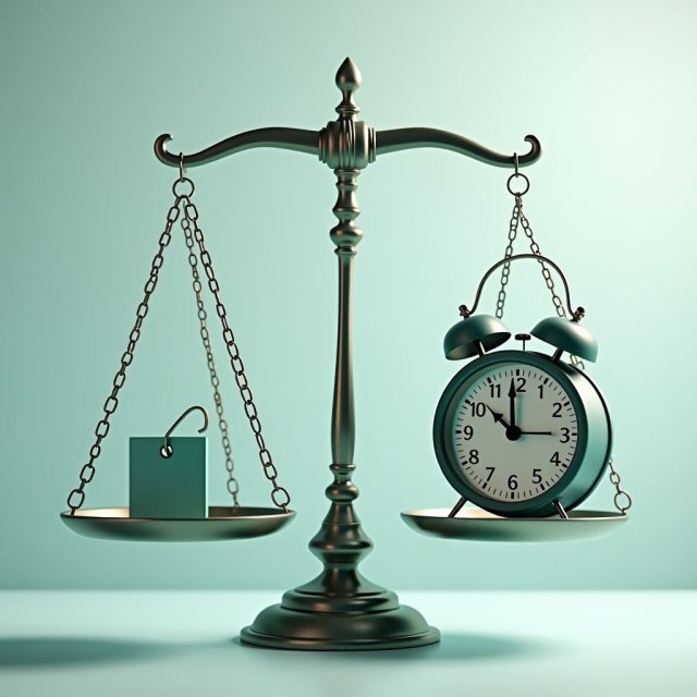 Un reloj y una balanza equilibran necesidades presentes y futuras.
