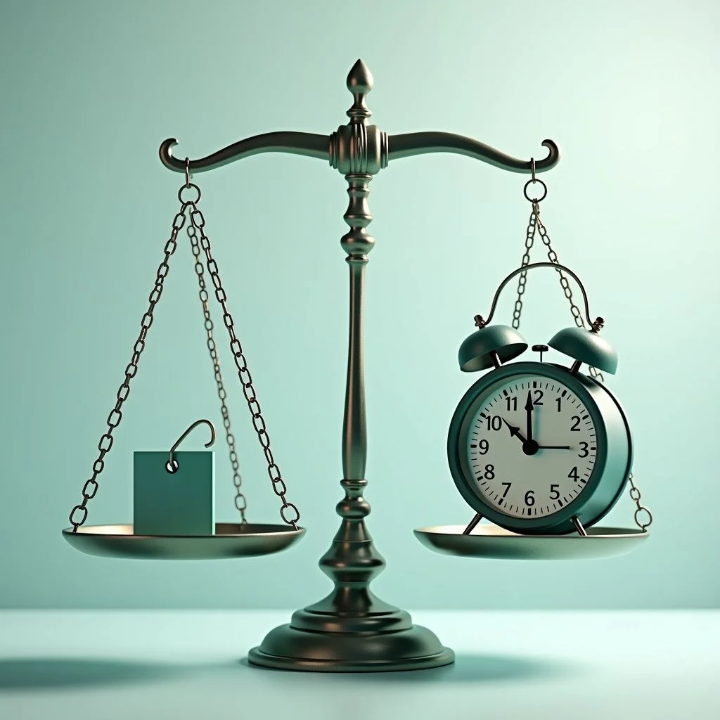 Un reloj y una balanza equilibran necesidades presentes y futuras.
