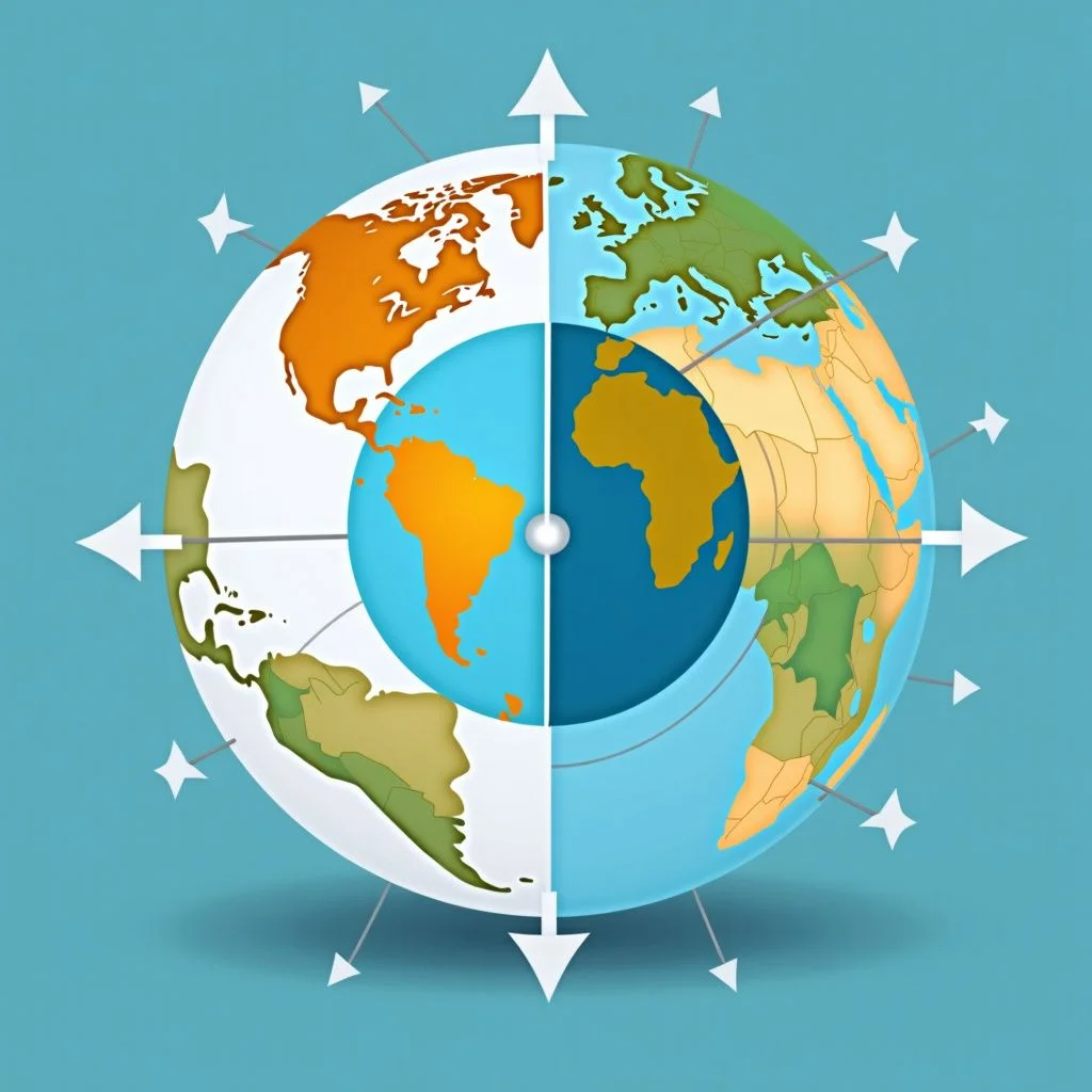 Un globe avec des régions interconnectées partageant des financements climatiques et des technologies.