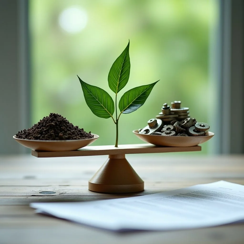 A scale balances sustainability and raw materials with regulatory guidance.
