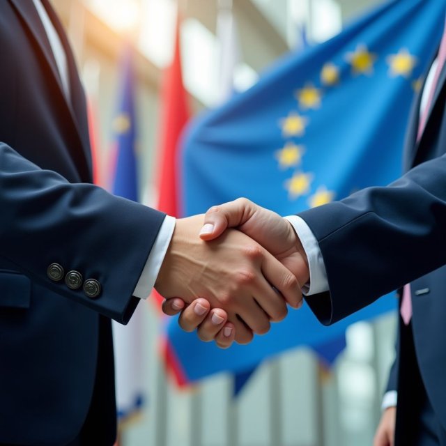 Banderas de la UE y las naciones del CPTPP en un apretón diplomático.