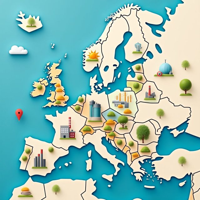 Un mapa de Europa con inversiones en tecnología verde destacadas.