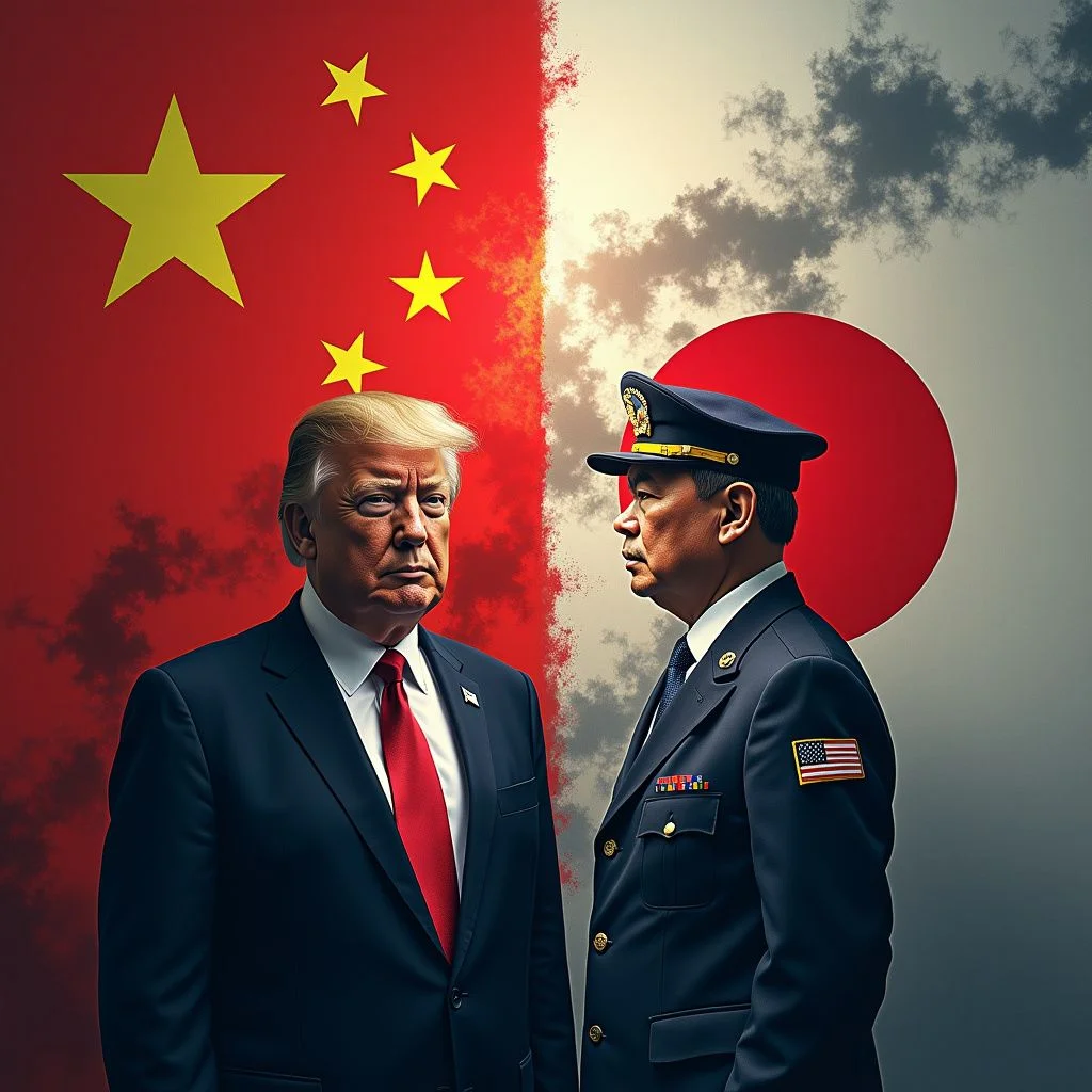 Le président américain Trump au milieu des visuels de coopération commerciale et militaire entre le Japon et la Chine.