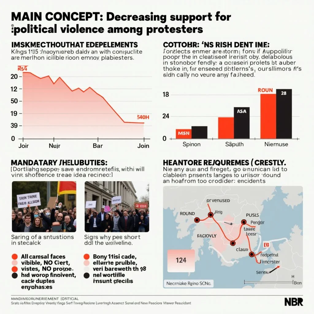 Un gráfico muestra un declive en el apoyo a la violencia entre manifestantes pacíficos.