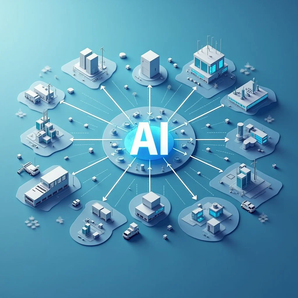 Diseños que ilustran diversas tecnologías de inteligencia artificial y cadenas de suministro globales.