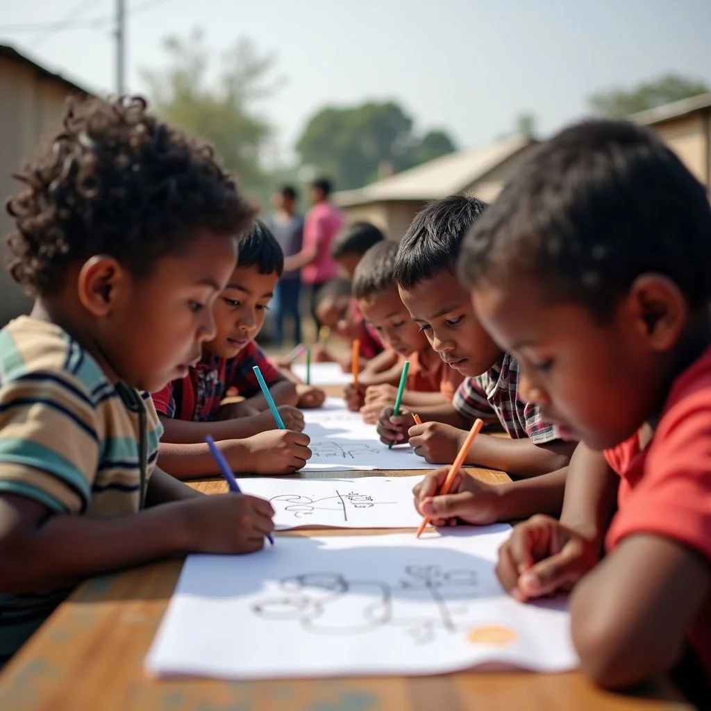 Niños que participan en métodos de investigación liderados por niños en entornos humanitarios.