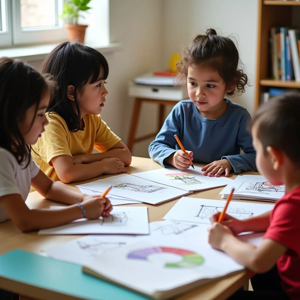 Los niños participan en conversaciones con investigadores con cuadernos de dibujos cerca.