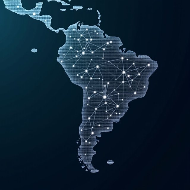 Mapa de América Latina con instituciones interconectadas y flujo de datos de IA.