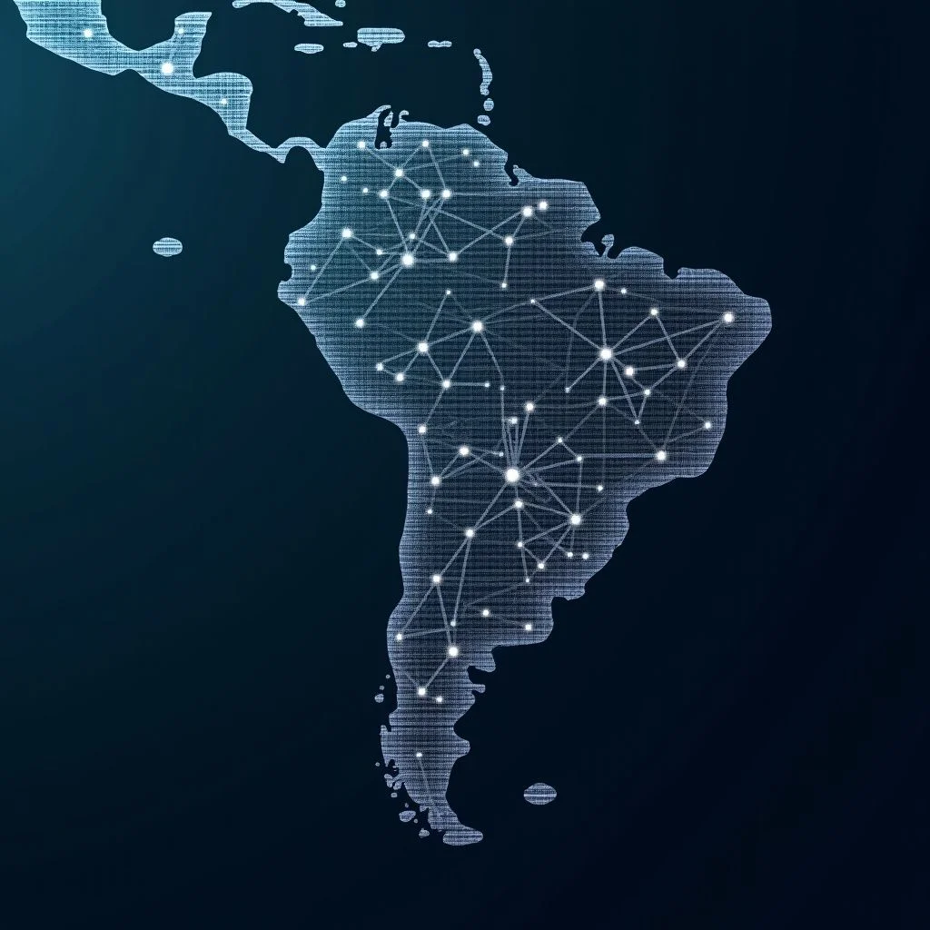 Mapa de América Latina con instituciones interconectadas y flujo de datos de IA.