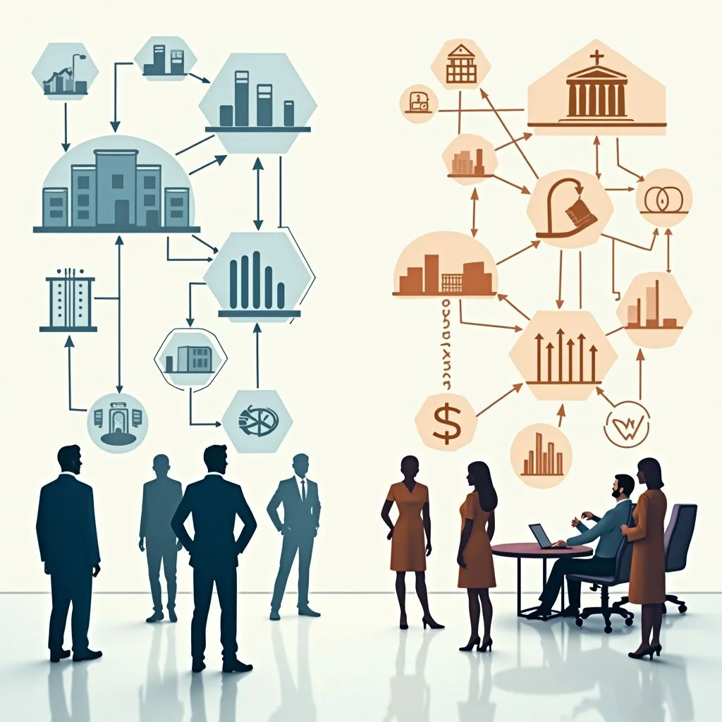 Les bureaux gouvernementaux et les processus de prise de décision centralisés dépeints graphiquement.