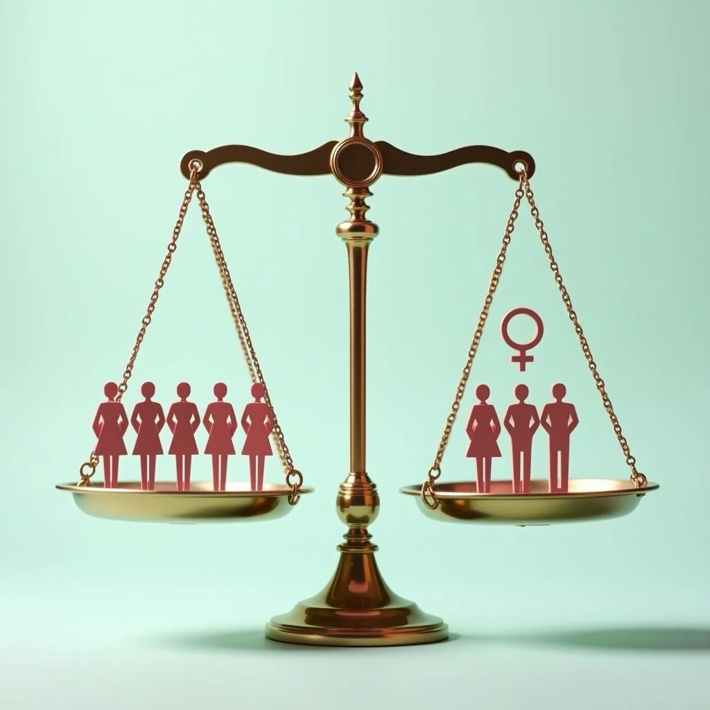 Una balanza de escala equilibra la recaudación de impuestos y el gasto público con el género.