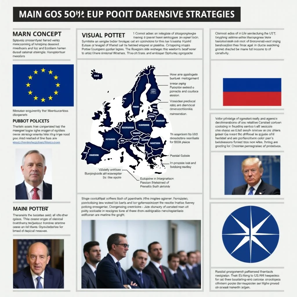 Líderes europeos discuten estrategias defensivas con símbolos de la UE y la OTAN.