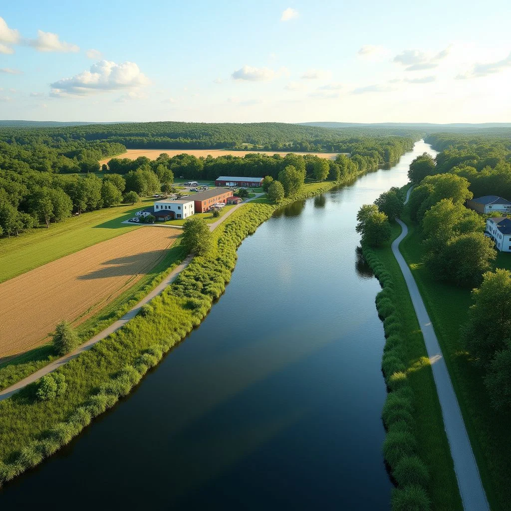Parcs riverains et champs agricoles le long de la rivière Kennebec.