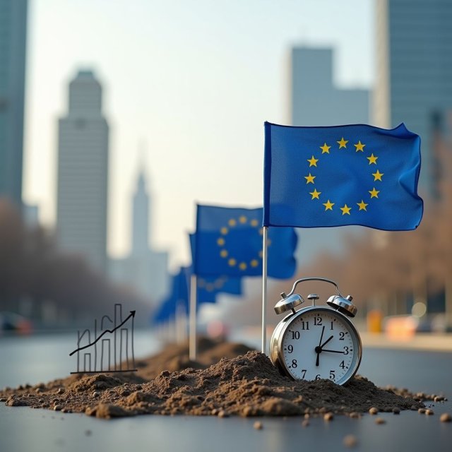 Un sitio de construcción parado con banderas de la UE y un ritmo lento.