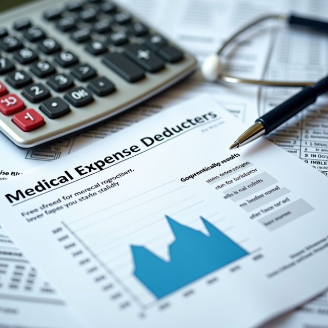 Un calculadora con facturas médicas y formularios de impuestos cerca.