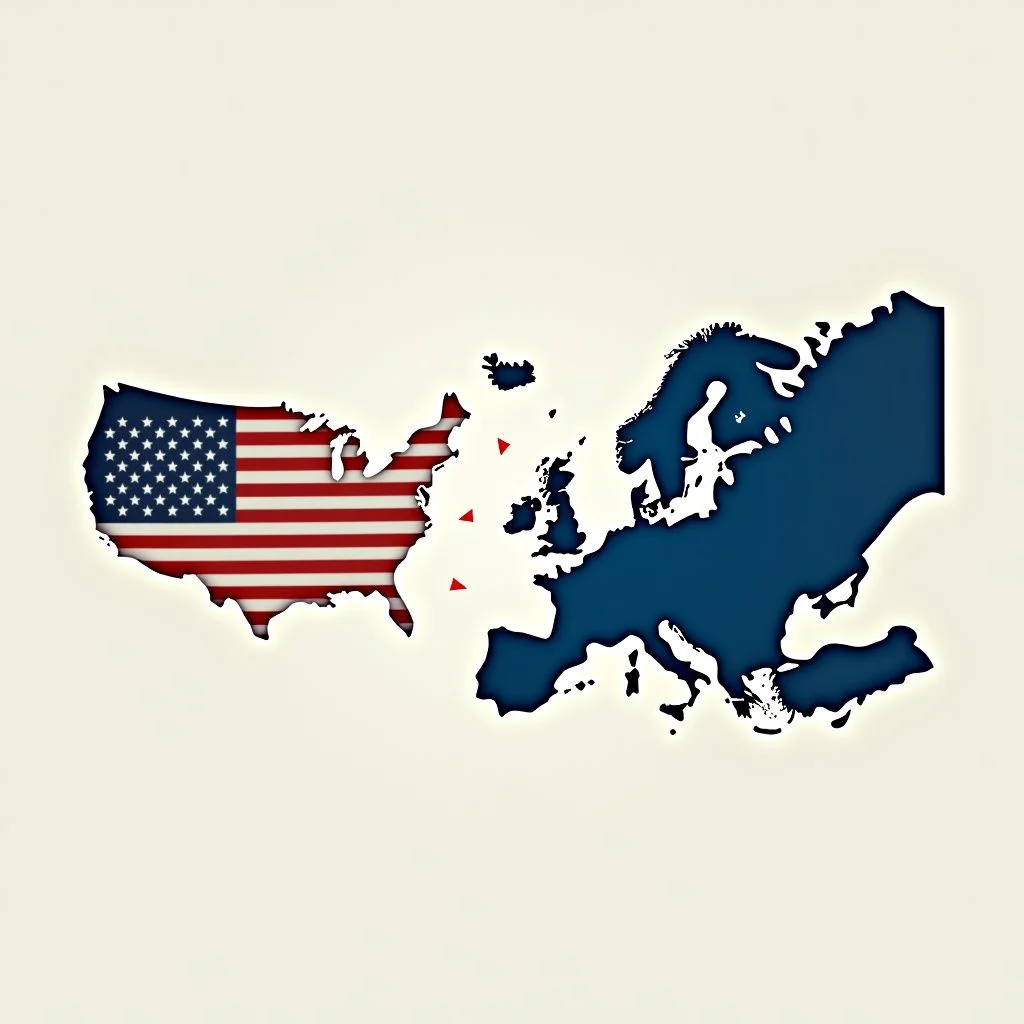 Une carte des États-Unis et de l'Europe avec des flèches divergentes.
