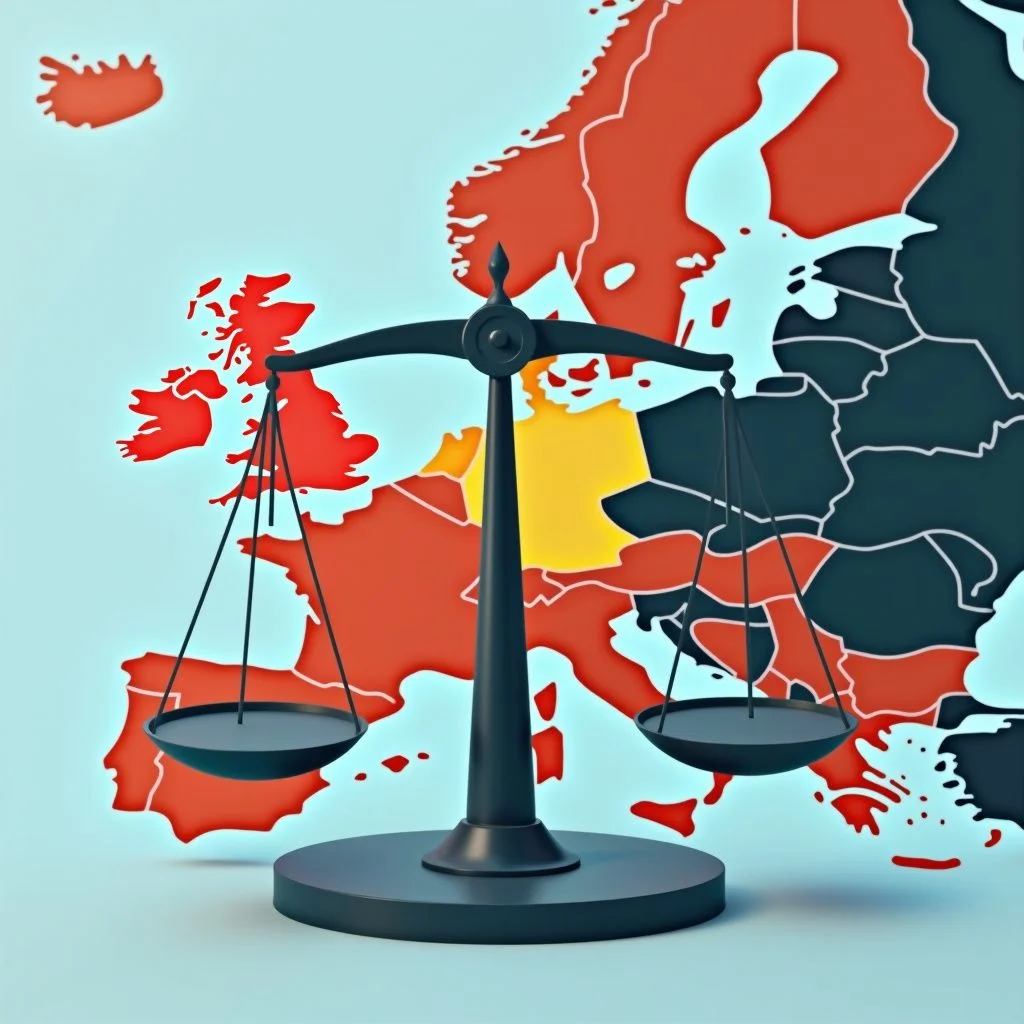 Une balance pèse les risques, avec l'Europe et la protection à proximité.