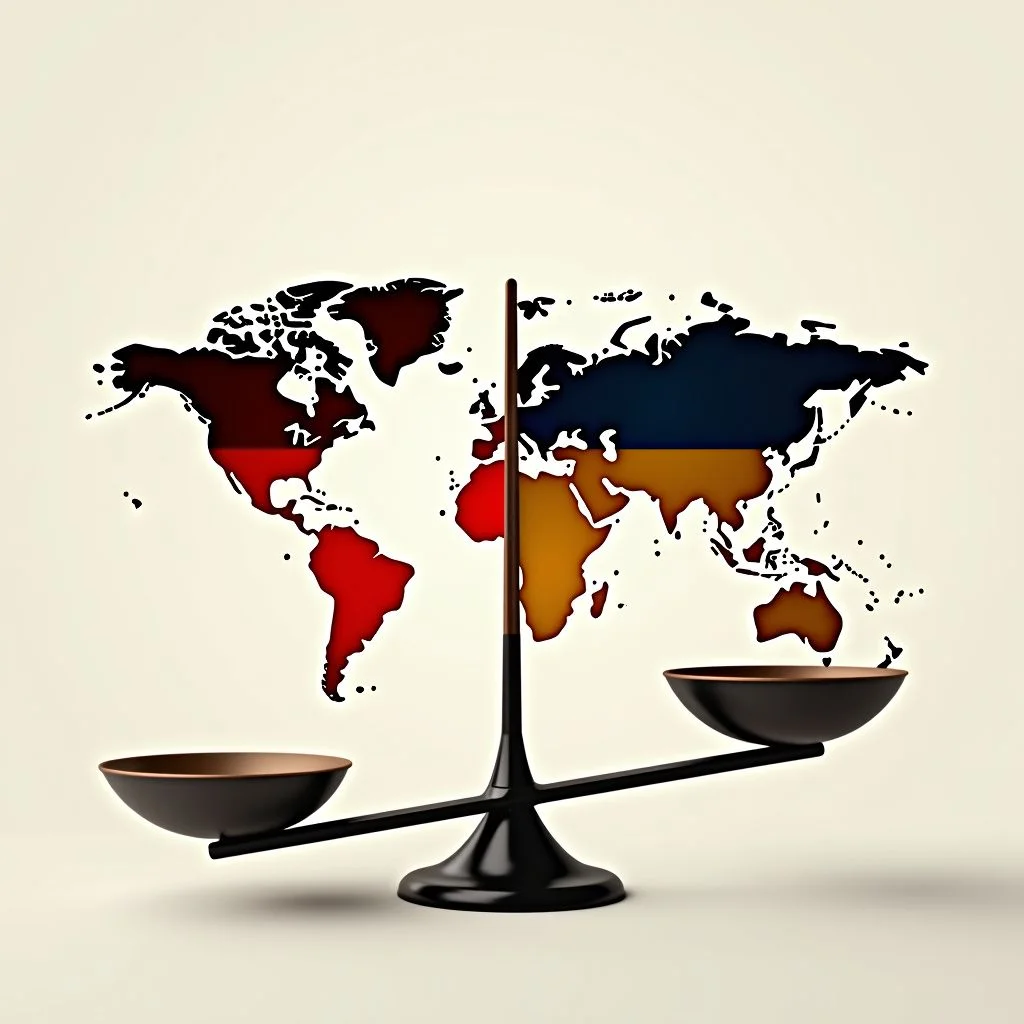 Un parti divisé symbolisé par des balances internes et mondiales.