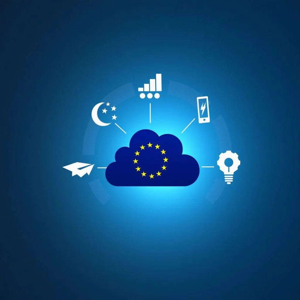 Un icône de nuage avec un drapeau européen et des symboles d'innovation.