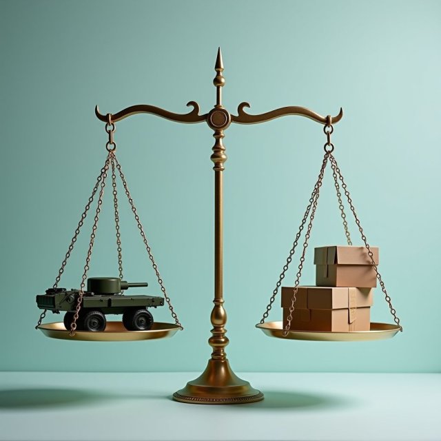Una balanza de equilibrio con iconos militares y de bienestar social.