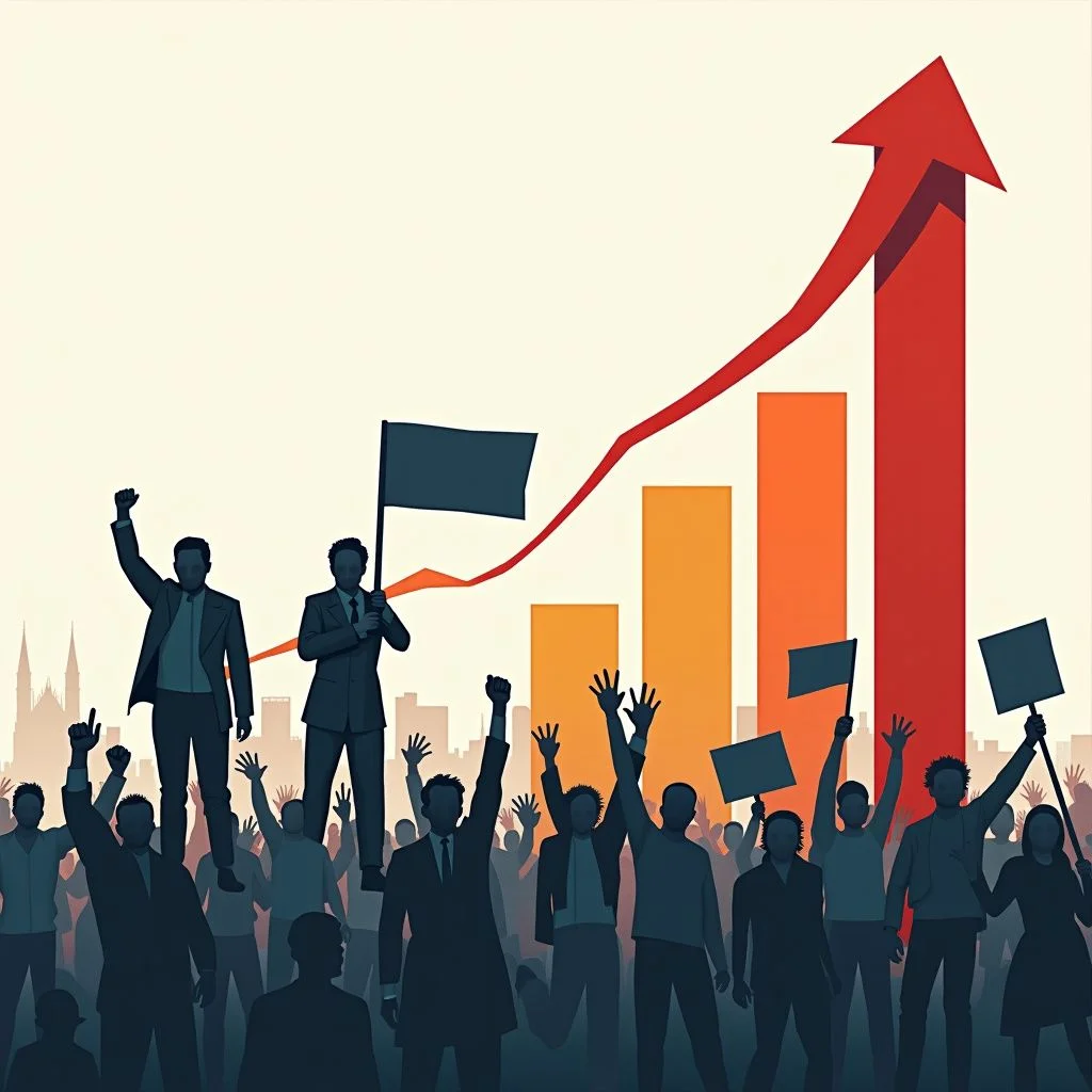Un gráfico de creciente desigualdad con símbolos y figuras de protesta.