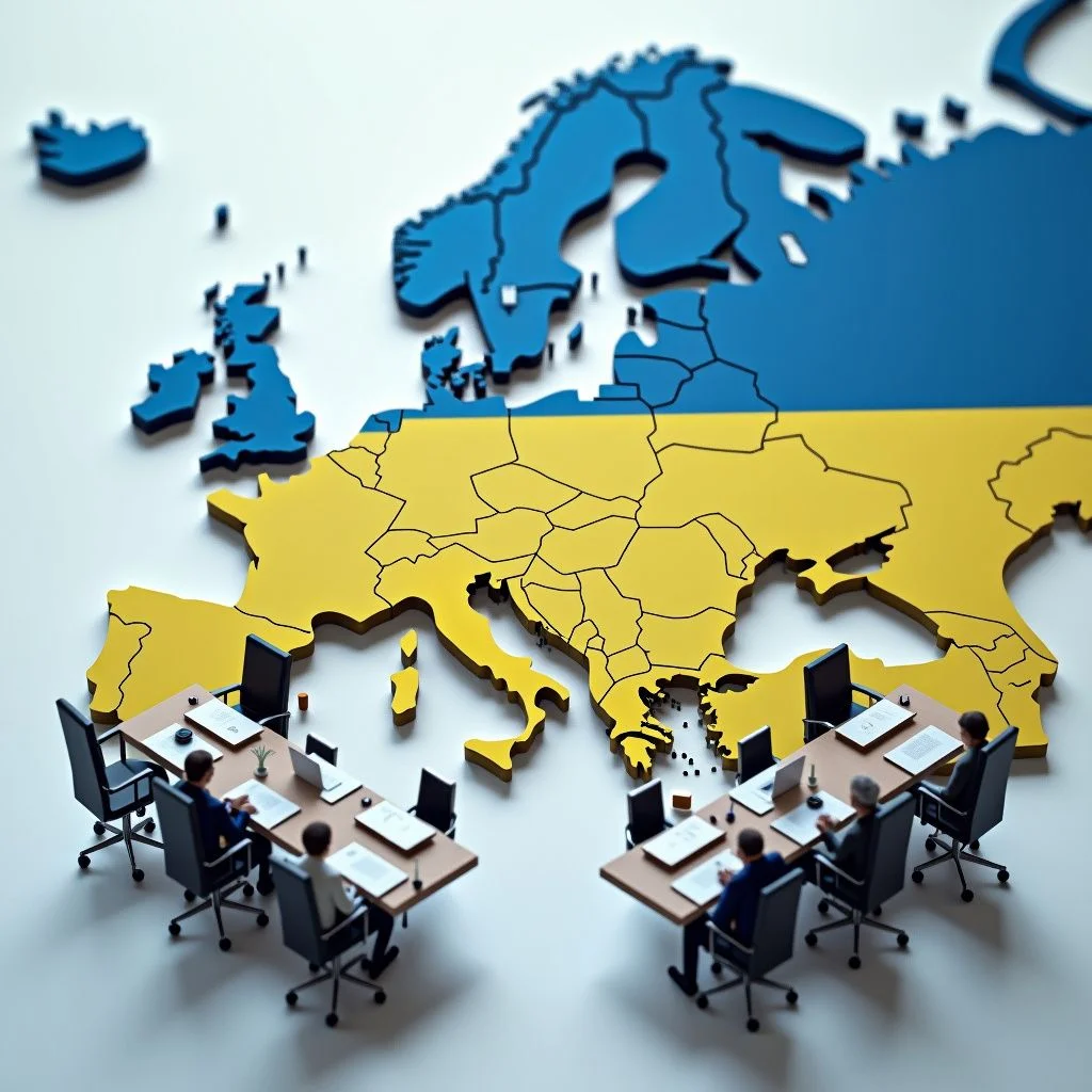 Une carte de l'Europe avec l'Ukraine mise en évidence, des tables de négociation vides.