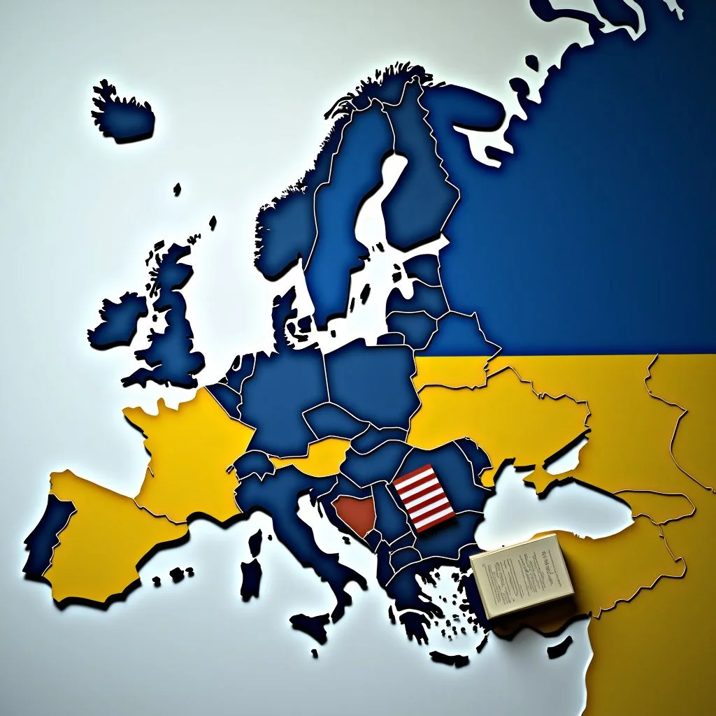 Une carte de l'Europe avec l'Ukraine en surbrillance et des drapeaux de l'UE.