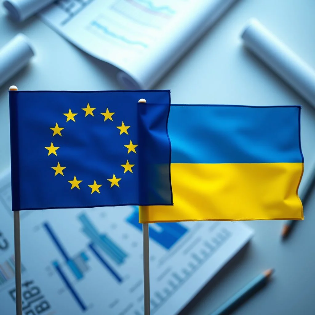 Drapeaux ukrainien et de l'UE aux côtés de graphiques d'infrastructure et d'économie.
