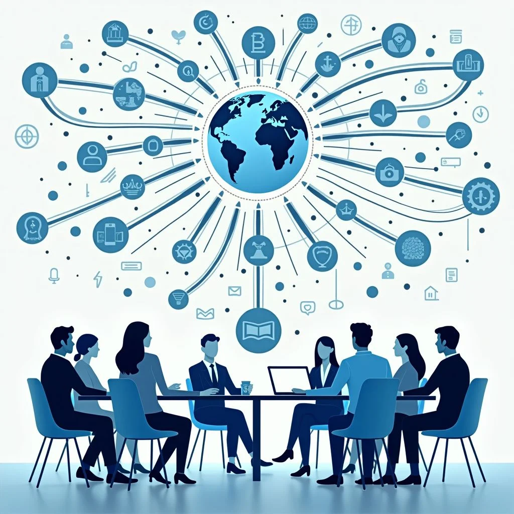 Un diagramme de flux complexe et les parties prenantes collaborant sur la sécurité quantique mondiale.