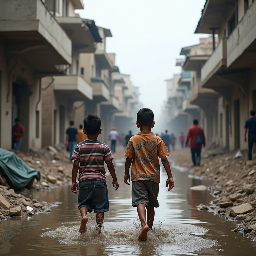 Les bâtiments détruits et les camps de réfugiés inondés dans la crise de Gaza.