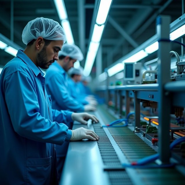 Los trabajadores de la fábrica de semiconductores ensamblan chips en líneas de producción.