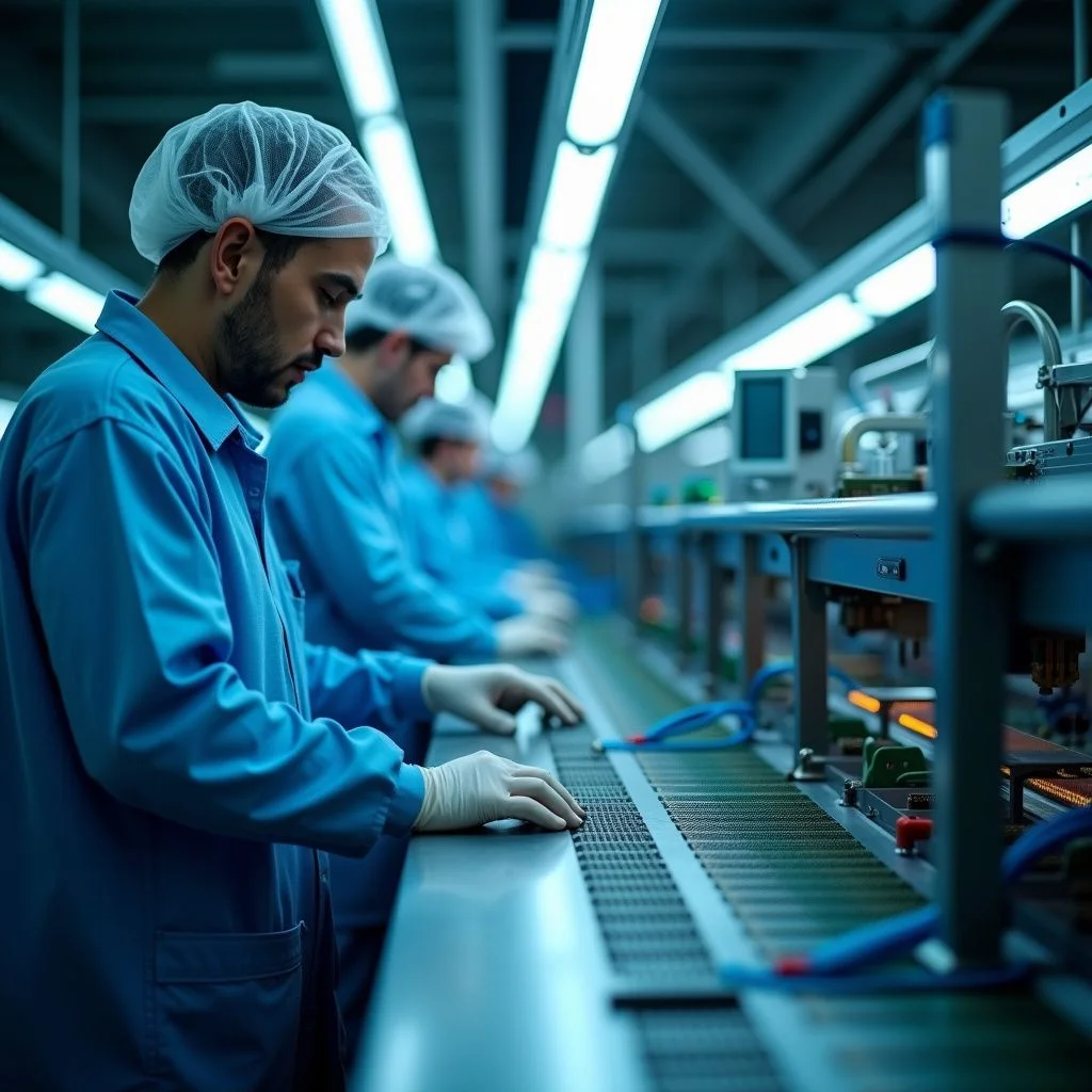 Los trabajadores de la fábrica de semiconductores ensamblan chips en líneas de producción.