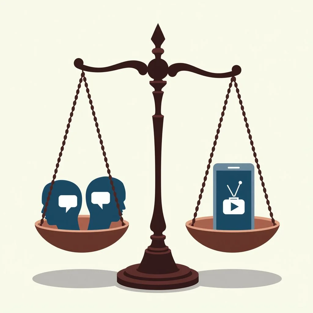 Une balance équilibre des icônes représentant les avantages et les préoccupations pour la santé mentale.