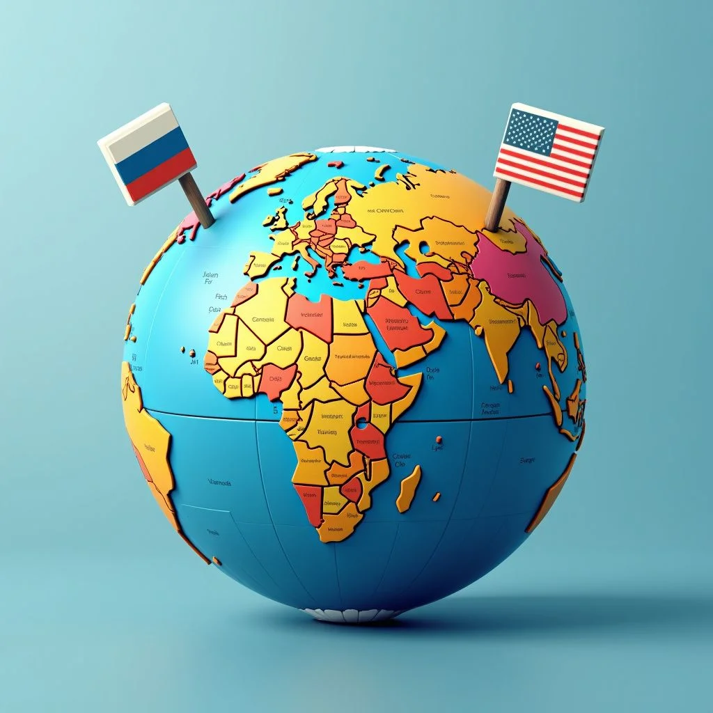 Un globe avec des zones de conflit mises en évidence et des symboles nationaux.
