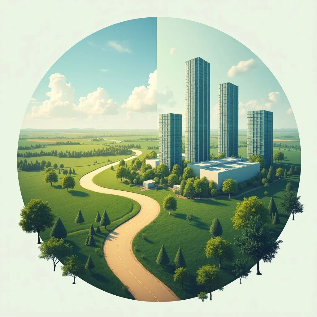 Paisajes rurales con centros de datos y contrastes económicos y ambientales.