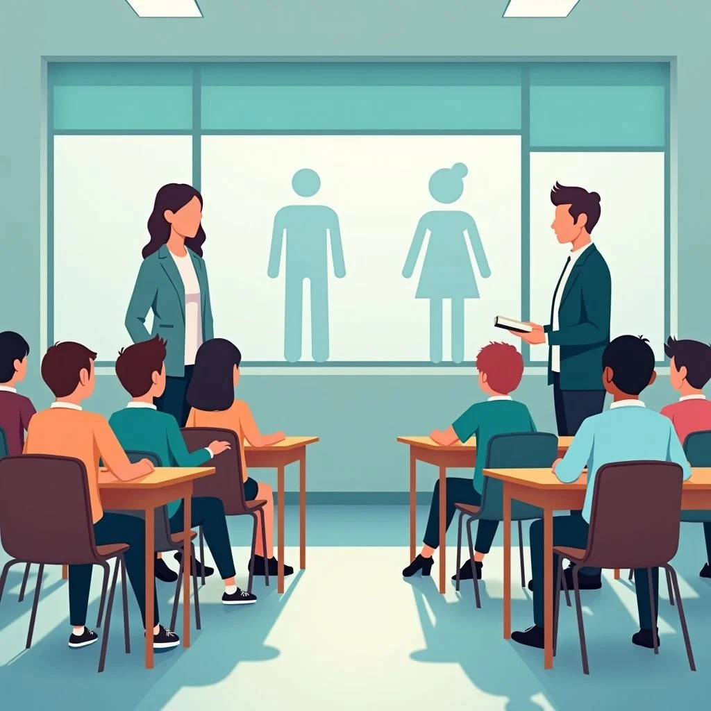 Un environnement scolaire avec des élèves, un enseignant et un conseiller discutant du soutien.