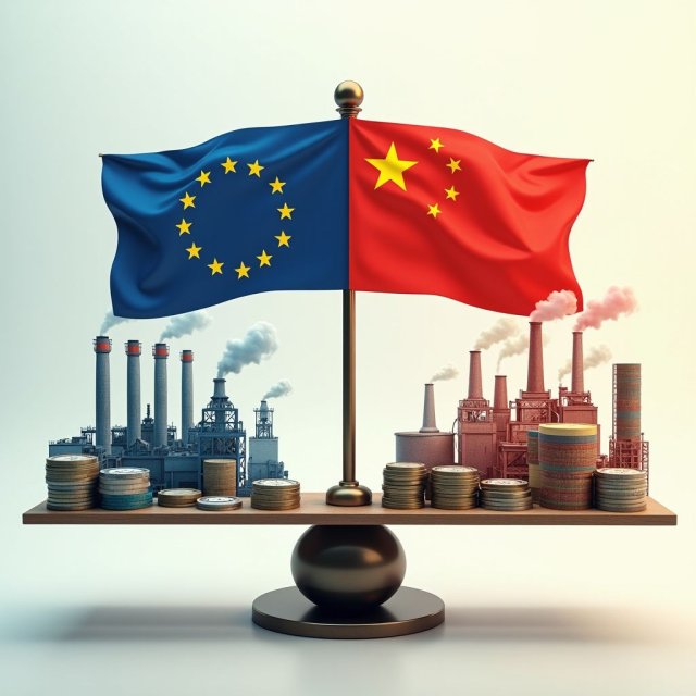 Una balanza de equilibrio pesa los sectores económicos europeos y chinos.
