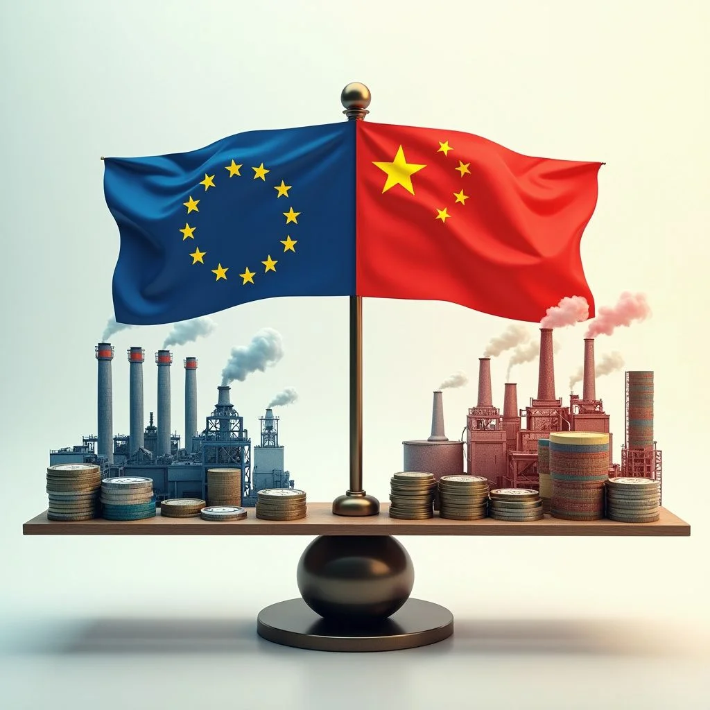 Une balance pèse les secteurs économiques européens et chinois.