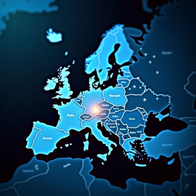 Un mapa digital de Europa con nodos DeFi interconectados.