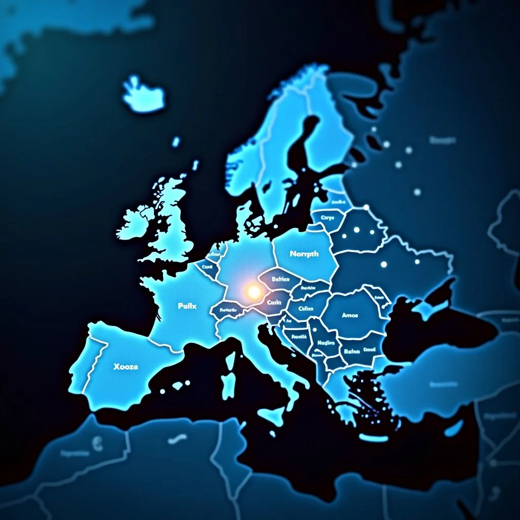 Une carte numérique de l'Europe avec des nœuds DeFi interconnectés.