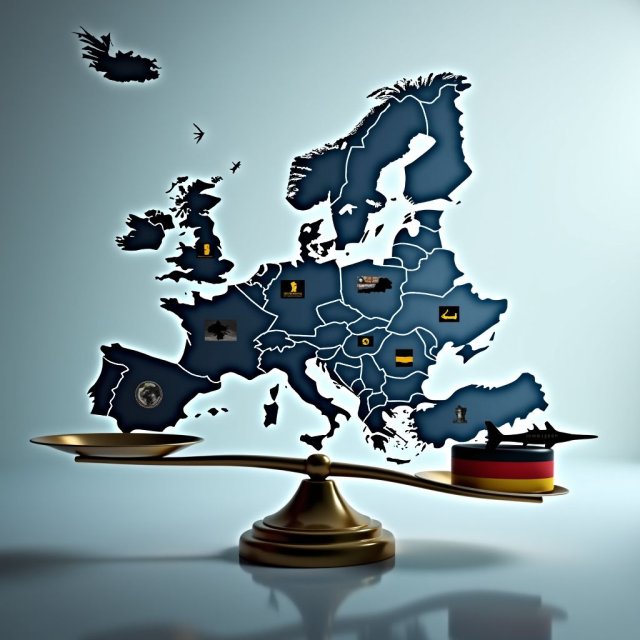 Un mapa de Europa con industria de defensa y banderas de la UE.